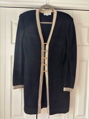 Vintage St. John Evening Black Knit Jacket with Gold Trim and Skirt